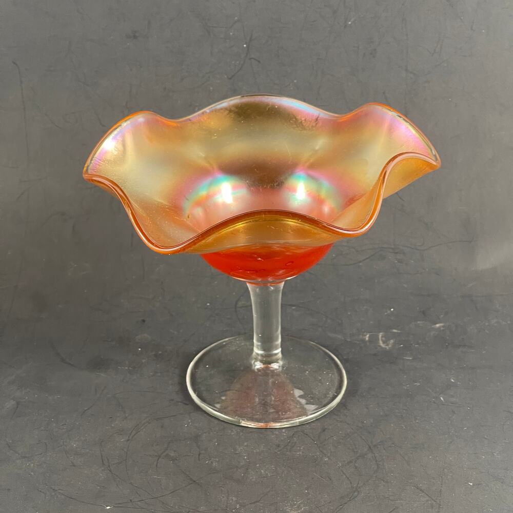 Vintage Fenton Marigold Stretch Glass Footed Compote Ruffled